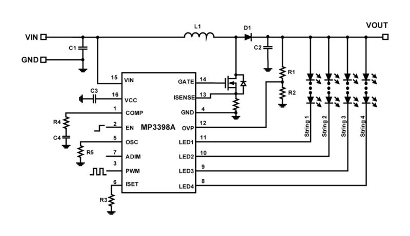 MP3398A,%20SOIC-16,%20V%20to%2028V,%204-Channel,%20350mA/ch%20WLED%20Boost%20Controller